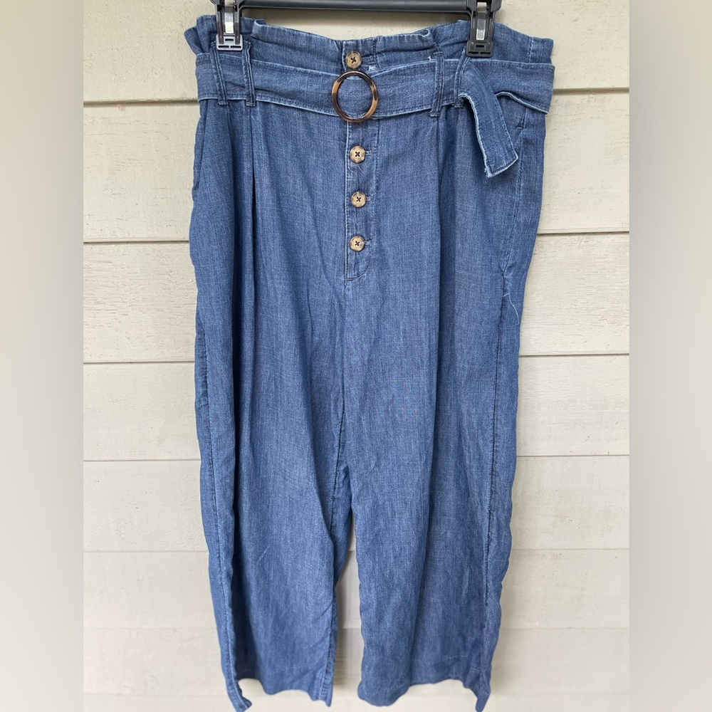 ABERCROMBIE & FITCH Pants Blue High Waisted Wide Leg Paperbag Belt
